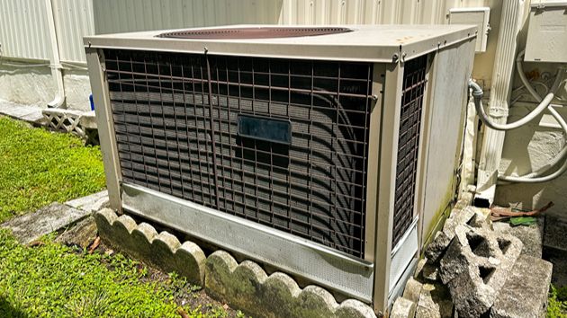 Why Is My Mobile Home AC Not Cooling Air conditioning unit attached to the outside of a mobile home.